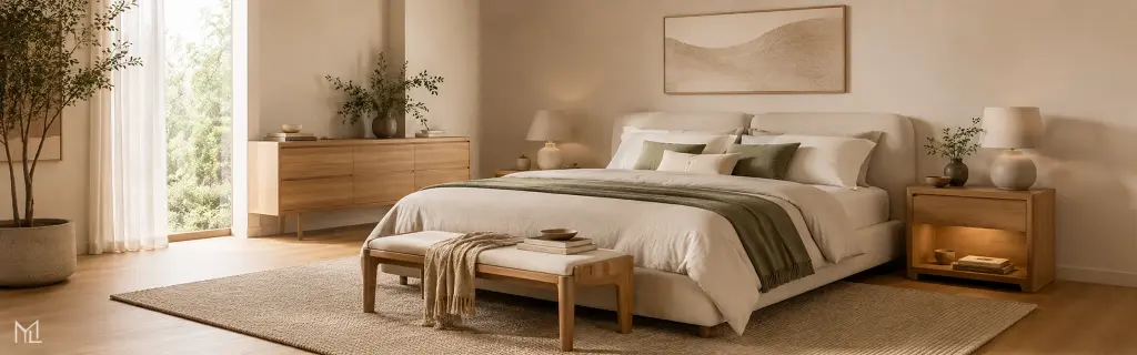 Modernes Schlafzimmer mit Polsterbett, Nachttischen und Holzkommode