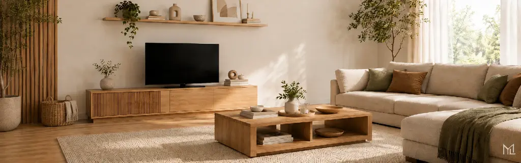 Modernes Wohnzimmer mit Sofa, Couchtisch und TV-Möbel aus Holz