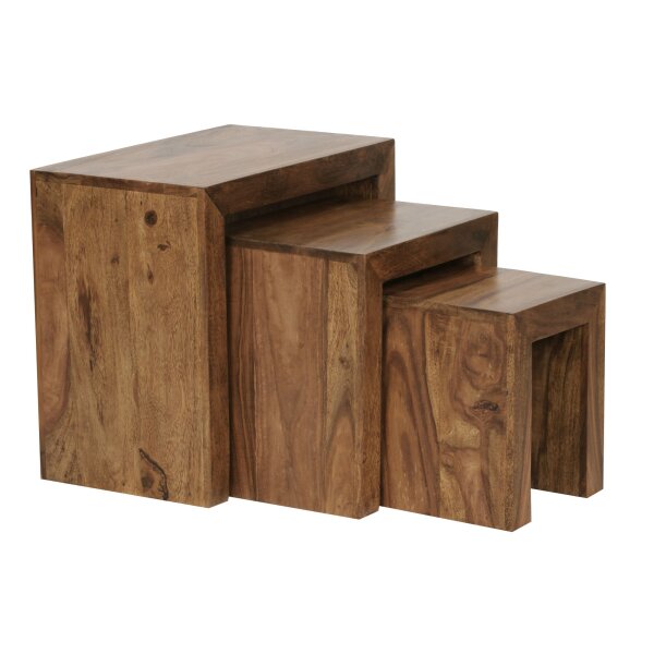 3er Set Satztisch Massiv-Holz Sheesham Wohnzimmer-Tisch Landhaus-Stil Beistelltisch dunkel-braun Naturholz