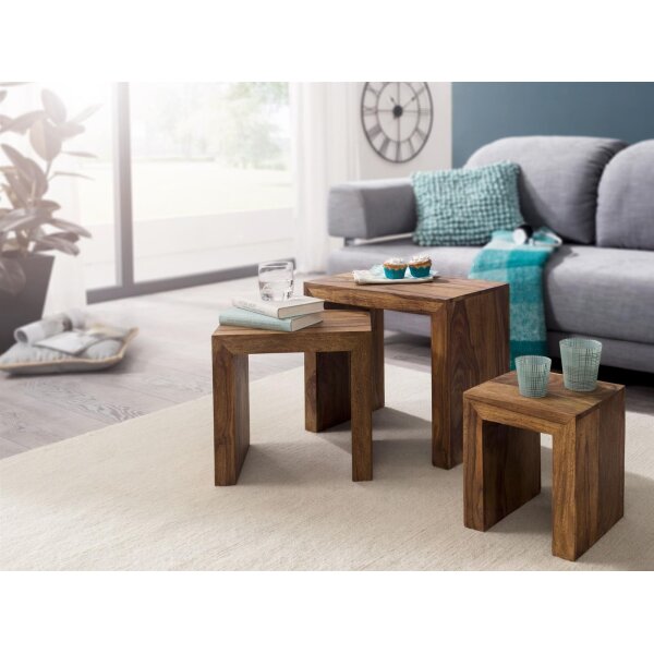 3er Set Satztisch Massiv-Holz Sheesham Wohnzimmer-Tisch Landhaus-Stil Beistelltisch dunkel-braun Naturholz