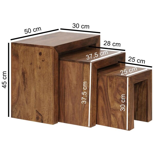 3er Set Satztisch Massiv-Holz Sheesham Wohnzimmer-Tisch Landhaus-Stil Beistelltisch dunkel-braun Naturholz