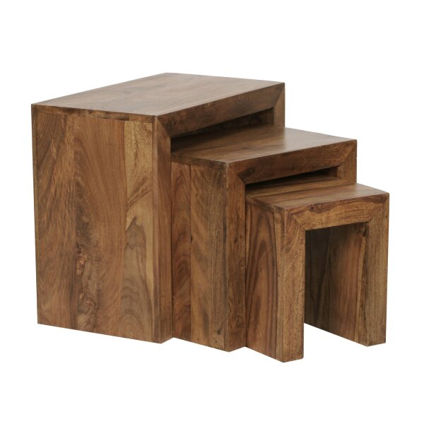 3er Set Satztisch Massiv-Holz Sheesham Wohnzimmer-Tisch Landhaus-Stil Beistelltisch dunkel-braun Naturholz
