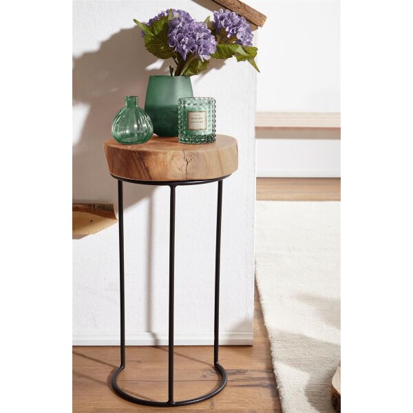 Beistelltisch AKOLA Massiv-Holz Akazie Wohnzimmer-Tisch Metallbeine Landhaus-Stil Baumstamm-Form Echt-Holz Natur