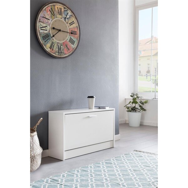 Schuhbank SPLIT mit Sitzfläche Weiß Schuhkipper Holz 80 x 47 x 24 cm, Flurbank klein geschlossen, Sitzbank schmal Flur mit Stauraum, Schuhschrank einzeln Garderobenbank Bank Flurmöbel