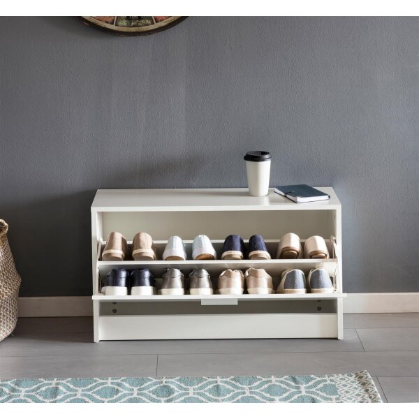 Schuhbank SPLIT mit Sitzfläche Weiß Schuhkipper Holz 80 x 47 x 24 cm, Flurbank klein geschlossen, Sitzbank schmal Flur mit Stauraum, Schuhschrank einzeln Garderobenbank Bank Flurmöbel
