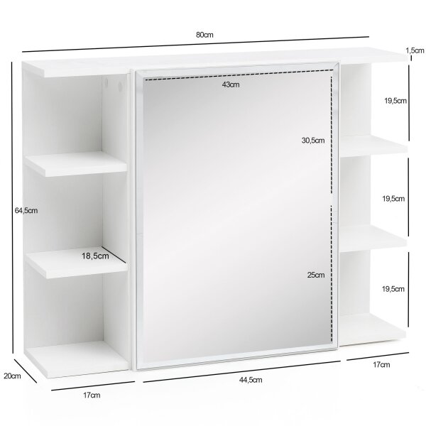 Hängeschrank WL5.754 Weiß 80x64,5x20cm Spanplatte Spiegelschrank Modern, Design Badregal Freischwebend, Schränkchen mit Spiegel, Badezimmerschrank Holz Hängeschrank mit Badspiegel