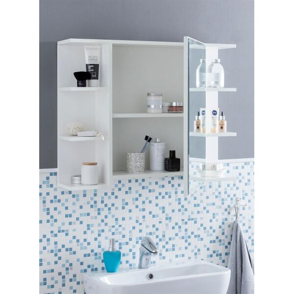 Hängeschrank WL5.754 Weiß 80x64,5x20cm Spanplatte Spiegelschrank Modern, Design Badregal Freischwebend, Schränkchen mit Spiegel, Badezimmerschrank Holz Hängeschrank mit Badspiegel