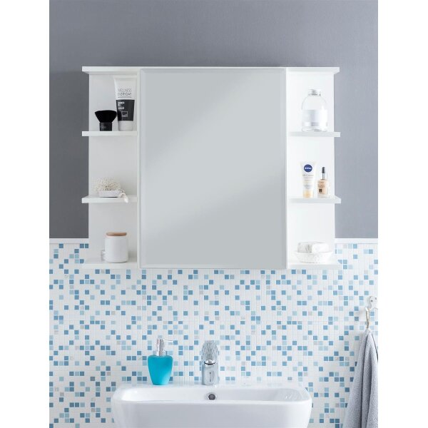 Hängeschrank WL5.754 Weiß 80x64,5x20cm Spanplatte Spiegelschrank Modern, Design Badregal Freischwebend, Schränkchen mit Spiegel, Badezimmerschrank Holz Hängeschrank mit Badspiegel