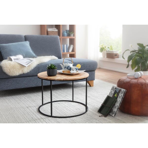 Couchtisch 60x43x60 cm Akazie Massivholz / Metall Sofatisch, Design Wohnzimmertisch Rund, Kaffeetisch Massiv, Kleiner Tisch Wohnzimmer