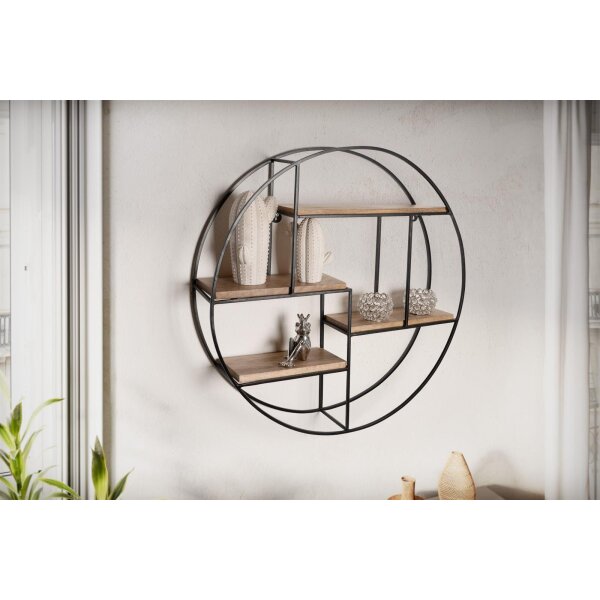 Wandregal 70x70x18 cm Mango Massivholz / Metall Hängeregal Rund, Kleines Design Schweberegal Industrial, Regal Hängend Wohnzimmer, Bücherregal Wand