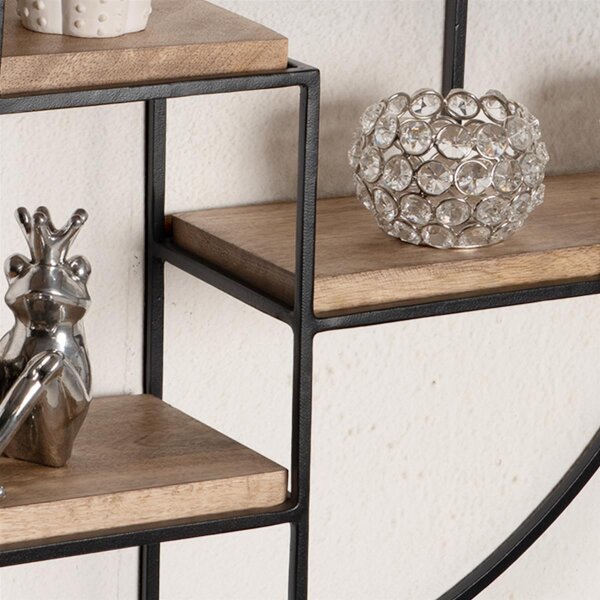 Wandregal 70x70x18 cm Mango Massivholz / Metall Hängeregal Rund, Kleines Design Schweberegal Industrial, Regal Hängend Wohnzimmer, Bücherregal Wand