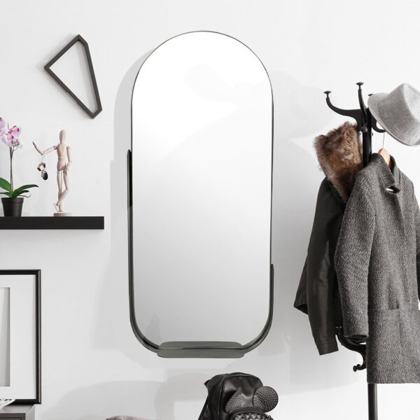 Wandspiegel 51x114 cm Metall Design Hängespiegel Schwarz, Eisen Dekospiegel Oval mit Rahmen und Ablage, Spiegel Wand Groß, Flurspiegel Garderobenspiegel Modern