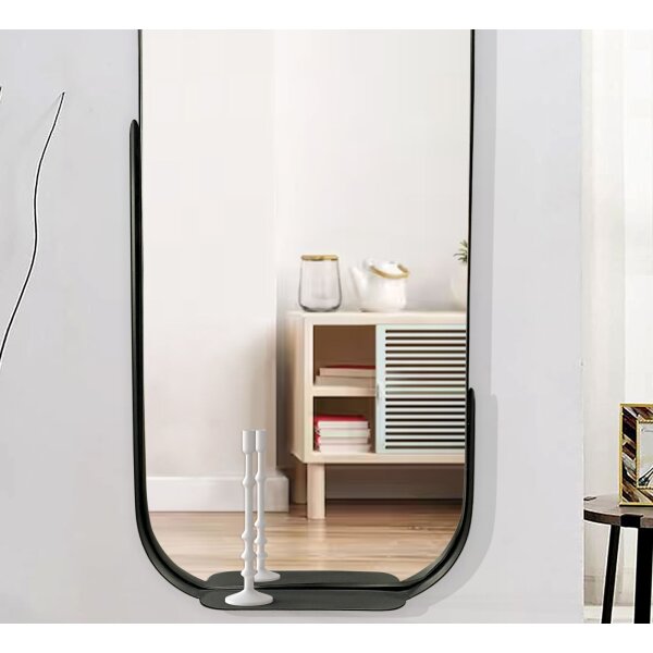 Wandspiegel 51x114 cm Metall Design Hängespiegel Schwarz, Eisen Dekospiegel Oval mit Rahmen und Ablage, Spiegel Wand Groß, Flurspiegel Garderobenspiegel Modern