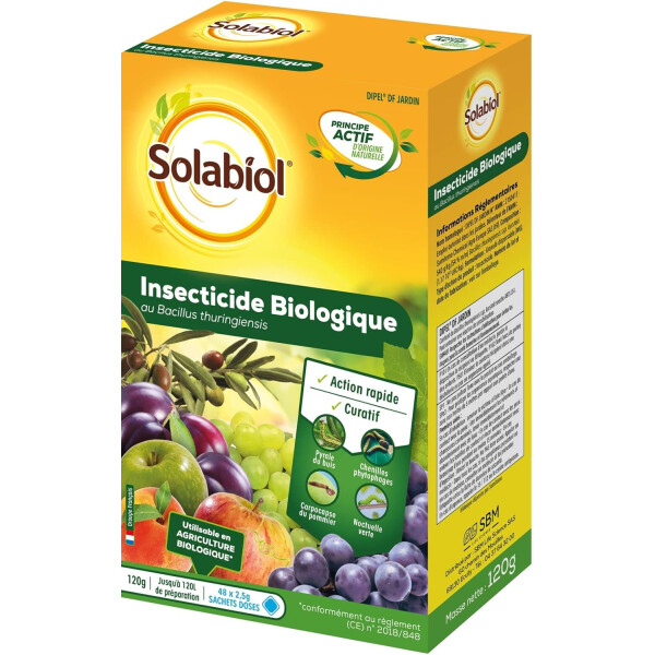 Biologisches Insektizid Solabiol | Wirkung auf Raupen | Buchsbaumzünsler | Praktisch: 48 vordosierte Beutel | 48 x 2,5 g | Schnelle Wirkung: 1 bis 3 Tage | Einsetzbar im ökologischen Landbau