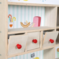 B-Ware roba Kaufladen Minishop, Holz natur, mit Theke, Tafel, Schiebetür & Markststand Bedruckung
