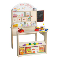 B-Ware roba Kaufladen Minishop, Holz natur, mit Theke, Tafel, Schiebetür & Markststand Bedruckung