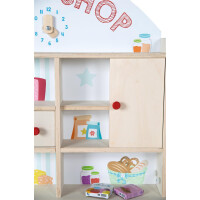 B-Ware roba Kaufladen Minishop, Holz natur, mit Theke, Tafel, Schiebetür & Markststand Bedruckung