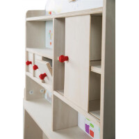 B-Ware roba Kaufladen Minishop, Holz natur, mit Theke, Tafel, Schiebetür & Markststand Bedruckung
