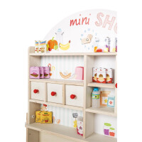 B-Ware roba Kaufladen Minishop, Holz natur, mit Theke, Tafel, Schiebetür & Markststand Bedruckung