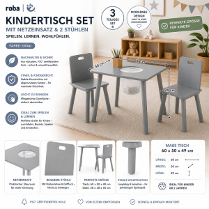 B-Ware Roba Set in Grau Kindertisch mit Netzeinsatz und 2 Stühlen