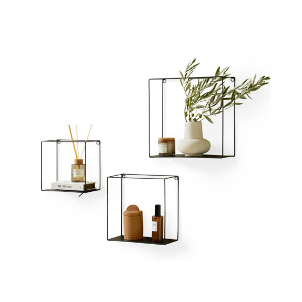 3er Set Wandregal im Industrie Design, Schweberegal aus schwarzem Metall, Elegantes Deko Regal Quadrat für Bücher und Küche, Belastbarkeit 3 kg