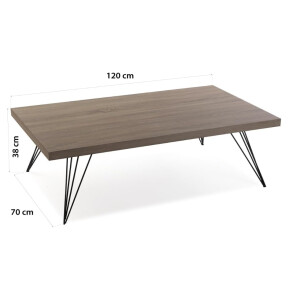 Niedriger Couchtisch 38 x 120 x 70 cm, Holz und Metall, Farbe: Braun und Schwarz