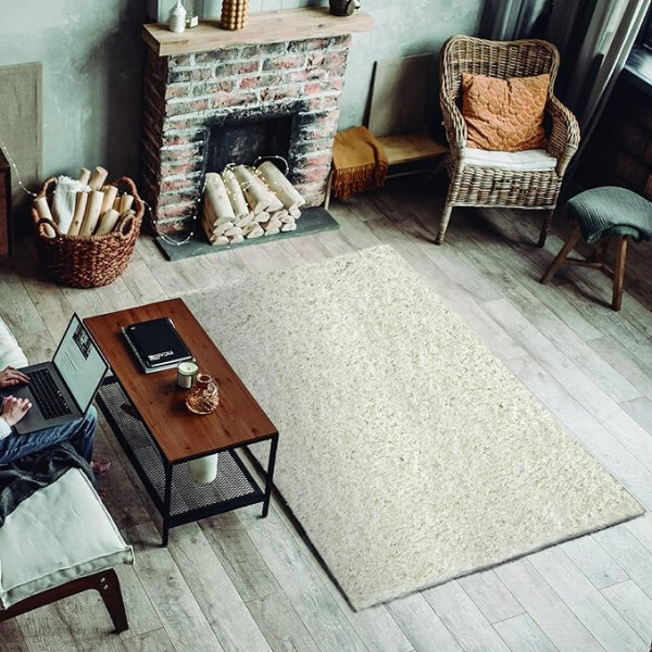 ECOMMERC3 Exclusive Wohnzimmerteppich, Hochflor, weiß, 120 x 170 cm, weiche Textur, stark gepolstert, Teppich aus Polyester und Jute auf der Rückseite