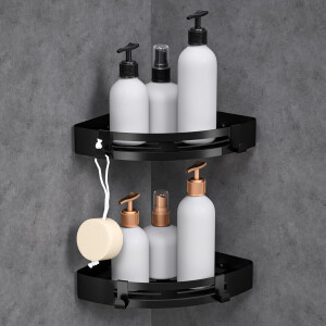 Badezimmerregale mit schwarzem Dreieckschleim Kein Bohren Schwarzer Duschkorb Duschkorb Aufbewahrungskorb (2er Aluminiumpack)