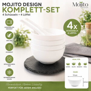 Mojito Design Komplett-Set 4 Schüsseln mit 4 Löffeln Weiß BPA-frei Mikrowellengeeignet