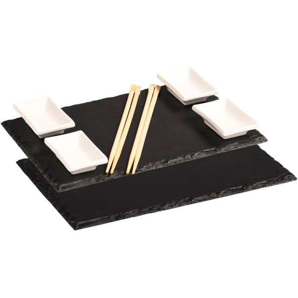 Kesper | 2 Schieferplatten mit 4 Dipschalen + 10 Ess-Stäbchen, Material: Schiefer, Maße: B: 30 x T: 20 x H: 1,5 cm, Farbe: Grau