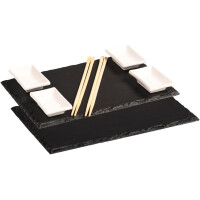 Kesper | 2 Schieferplatten mit 4 Dipschalen + 10 Ess-Stäbchen, Material: Schiefer, Maße: B: 30 x T: 20 x H: 1,5 cm, Farbe: Grau