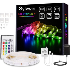 sylvwin LED Streifen 5m RGB, LED Strip Lichterkette mit Fernbedienung,LED Stripes Lichtband Selbstkl