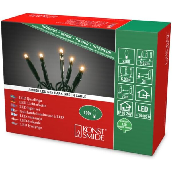 Micro LED Lichterkette, verschweißt, 100 bernsteinfarbene Dioden, 24V Innentrafo, dunkel