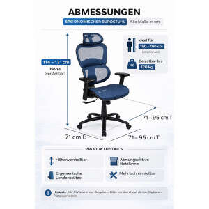 Ergonomischer Bürostuhl mit 2 zu 1 Synchro-Tilt, verstellbare Kopfstütze, Lendenwirbelstütze und verstellbare Schwenkarme in Blau