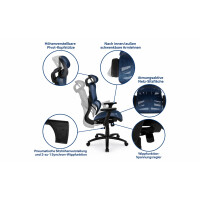 Ergonomischer Bürostuhl mit 2 zu 1 Synchro-Tilt, verstellbare Kopfstütze, Lendenwirbelstütze und verstellbare Schwenkarme in Blau