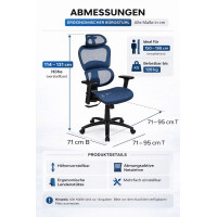 Ergonomischer Bürostuhl mit 2 zu 1 Synchro-Tilt, verstellbare Kopfstütze, Lendenwirbelstütze und verstellbare Schwenkarme in Blau