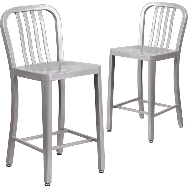 Flash Furniture 2er-Set silberne Counter-Height-Hocker mit Rückenlehne für innen/außen