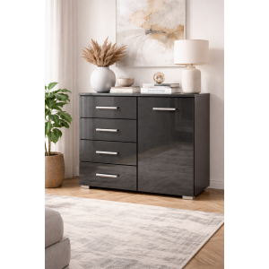 Rauch Möbel BASE Kommode – Grau Metallic Hochglanz 1 Tür & 4 Schubladen Made in Germany
