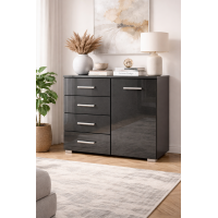 Rauch Möbel BASE Kommode – Grau Metallic Hochglanz 1 Tür & 4 Schubladen Made in Germany