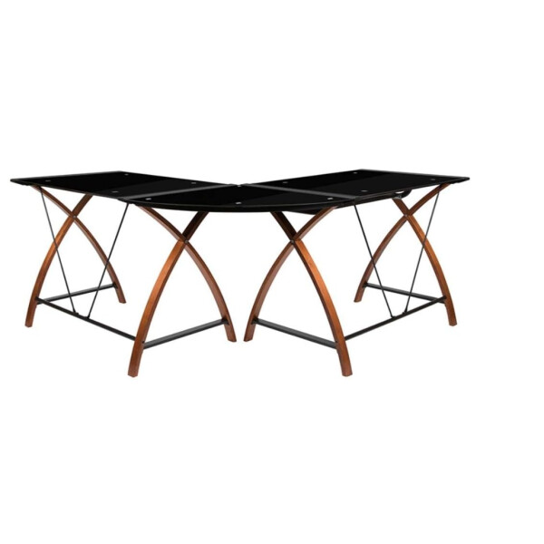Eck- Computertisch mit ausziehbarer Tastaturablage aus Glas, L-Form, Schwarz