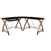Eck- Computertisch mit ausziehbarer Tastaturablage aus Glas, L-Form, Schwarz