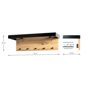 HAKU Möbel Wandgarderobe eiche, schwarz, MDF, Metall - Maße: B 70 cm x H 24 cm x T 25 cm, Style: Modern