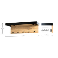 HAKU Möbel Wandgarderobe eiche, schwarz, MDF, Metall - Maße: B 70 cm x H 24 cm x T 25 cm, Style: Modern