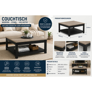 Ameriwood Home Carver Couchtisch mit offenem Stauraum, mattschwarzer Lackierung und Akzenten in Used-Optik mit Holzmaserung