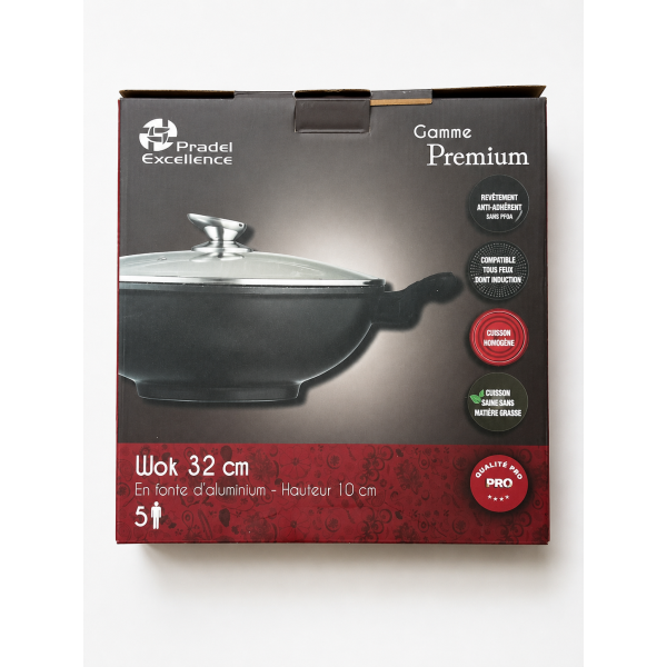 Pradel Excellence Premium Wok 32 cm 5 L Aluguss mit Glasdeckel für Induktion