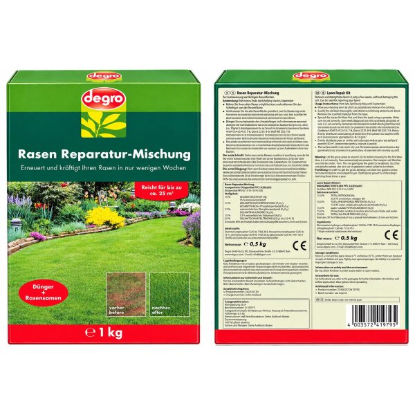 degro Rasen Reparatur-Mischung 1 kg Rasensamen + NPK-Dünger für 25 m²