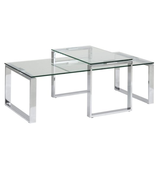 Couchtisch Set, klare Tischplatte aus Glas und Chrom-Metallrahmen