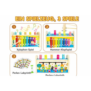 Symiu Baby Spielzeug ab 1 Jahr Kinderspielzeug Motorikwürfel Holzspielzeug Hammerspiel 3 IN 1 Kinder Spielzeug Xylophon Labyrinth Musikinstrumente Geschenk für Kinder Ab 1 2 3 Jahre Junge Mädchen