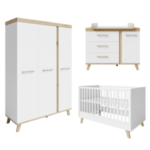 roba Kinderzimmer Set 3-teilig Smile - Kombi Kinderbett 70 x 140 + Wickelkommode + Kleiderschrank 3-türig - Babyzimmer im Holz Dekor Artisan Eiche / Weiß