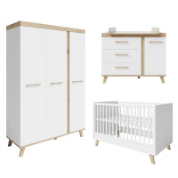 roba Kinderzimmer Set 3-teilig Smile - Kombi Kinderbett 70 x 140 + Wickelkommode + Kleiderschrank 3-türig - Babyzimmer im Holz Dekor Artisan Eiche / Weiß